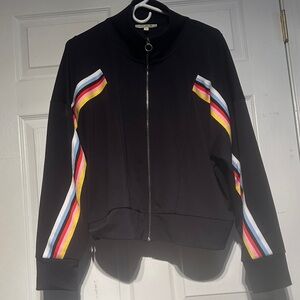 Express Black Bomber Jacket with Vibrant Stripes